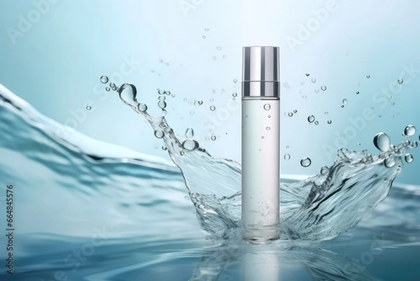 Fototapeta Cosmetic Bottle Placed On Water Texture With Splashes