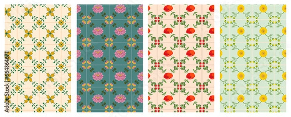 Fototapeta kitchen tile pattern set containing poppy, chinese rose and yellow marigold