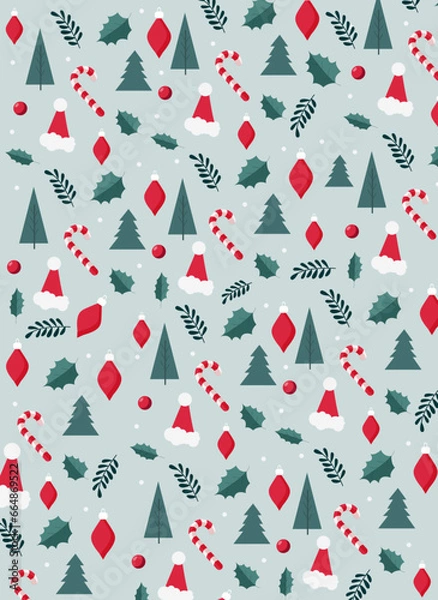 Fototapeta Christmass seamless pattern.Beautiful christmas doodles seamless pattern - hand drawn with cones,christmas tree,hats and xmas toys.