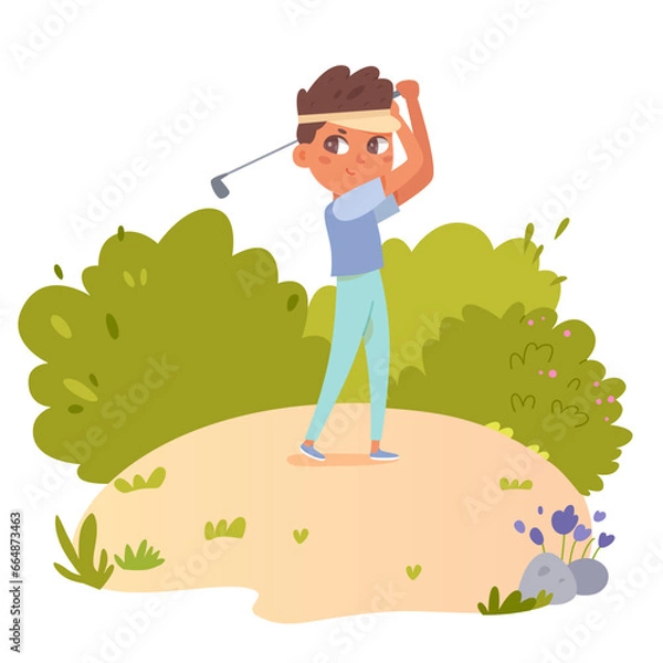 Fototapeta Young golfer playing golf, small boy player in swing pose, kid in cap holding golf club