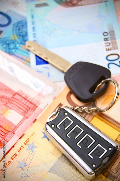 Fototapeta keys from the car for euro banknotes.