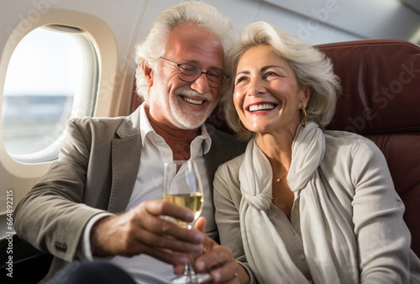 Fototapeta senior couple drinking wine in a private plane. They are sitting at the table and smiling