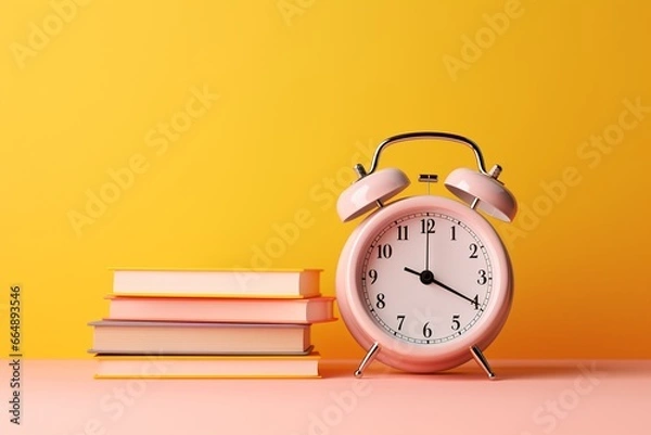 Fototapeta 3D Rendering of Alarm Clock and Book on Yellow and Pink Background
