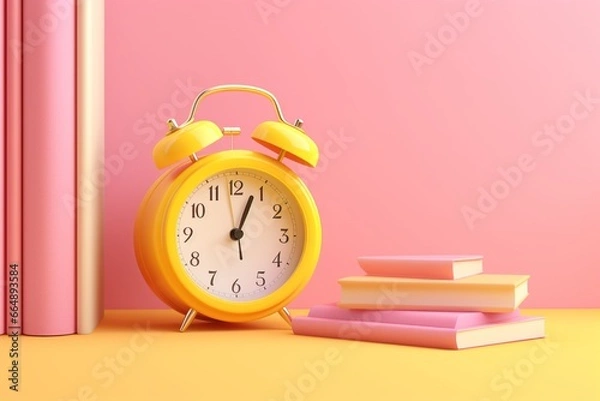 Fototapeta 3D Rendering of Alarm Clock and Book on Yellow and Pink Background