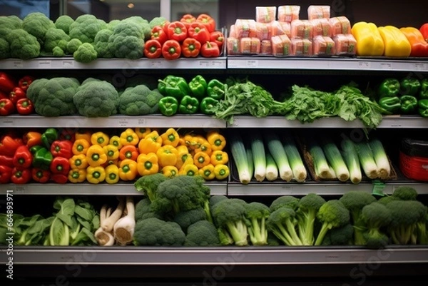 Obraz Fruits and vegetables on shop stand in supermarket grocery store.