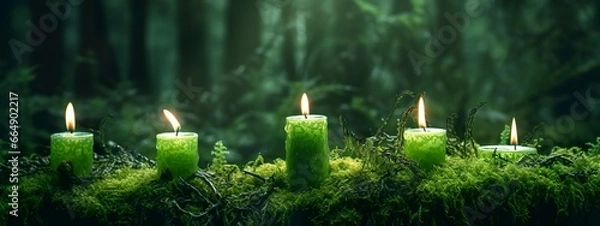 Fototapeta Burning candles on moss, dark green blurred the natural background. Magic candle.