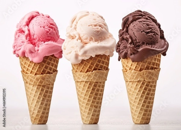 Fototapeta Chocolate, vanilla and strawberry Ice cream in the cone on white background.