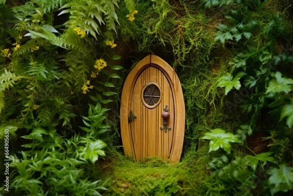 Obraz Little magic wooden fairy doors and plants leave on a mossy natural green background.