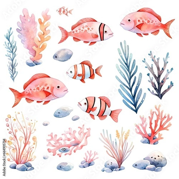 Obraz Underwater Sea element in watercolor on the white background.