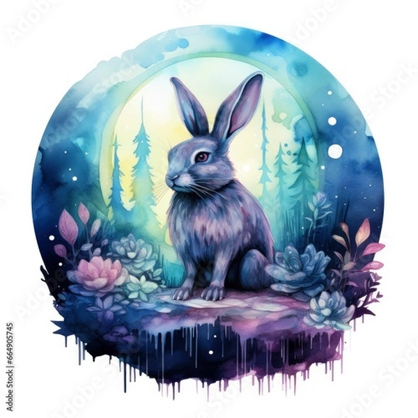 Obraz Watercolor Rabbit and Glowing Moon for T-shirt Design.