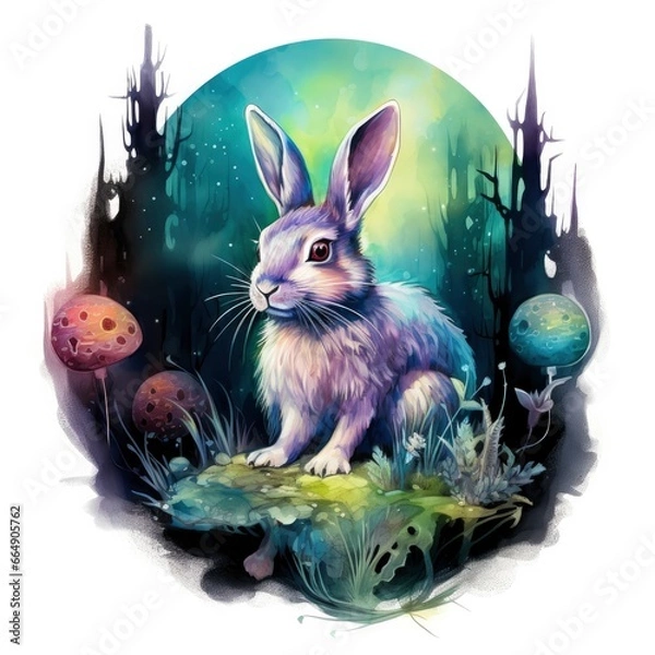 Obraz Watercolor Rabbit and Glowing Moon for T-shirt Design.