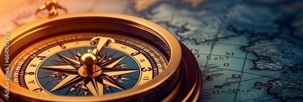 Obraz Magnetic compass and location marking with a pin on routes on world map.