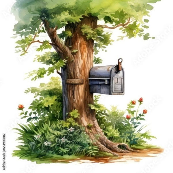 Obraz Watercolor mailbox in a tree on a white background.