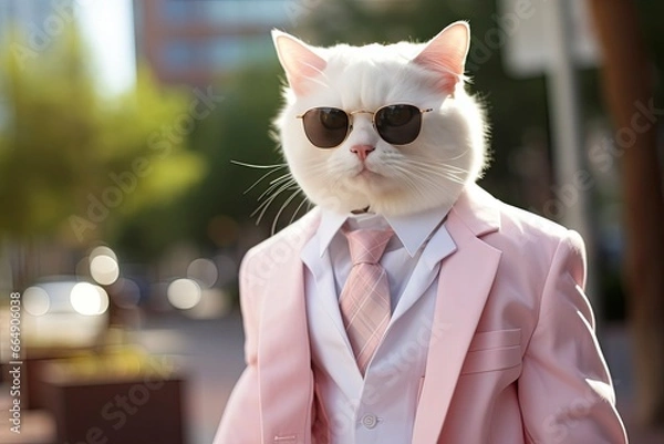 Obraz A cat is wearing sunglasses, suit and standing on street.
