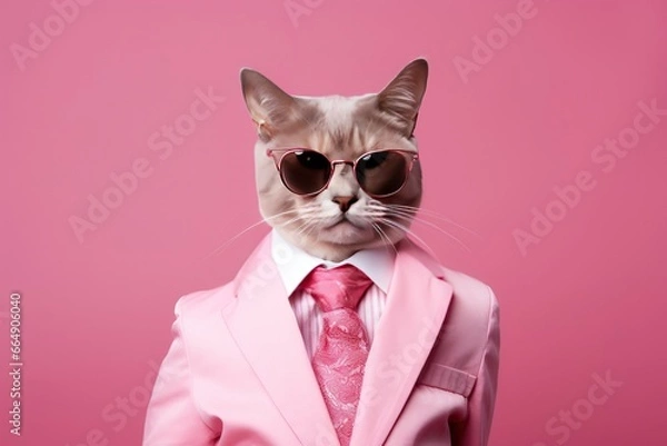 Obraz A cat is wearing sunglasses and suit on Pink Background.
