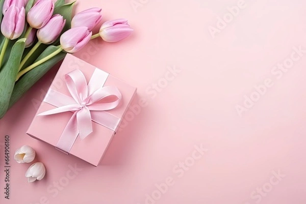 Fototapeta Mother's Day concept. Pink gift box with ribbon bow and a bouquet of tulips.