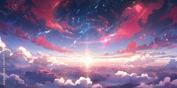 Fototapeta Kolorowe gwiaździste niebo z tłem zachodu słońca w stylu Anime