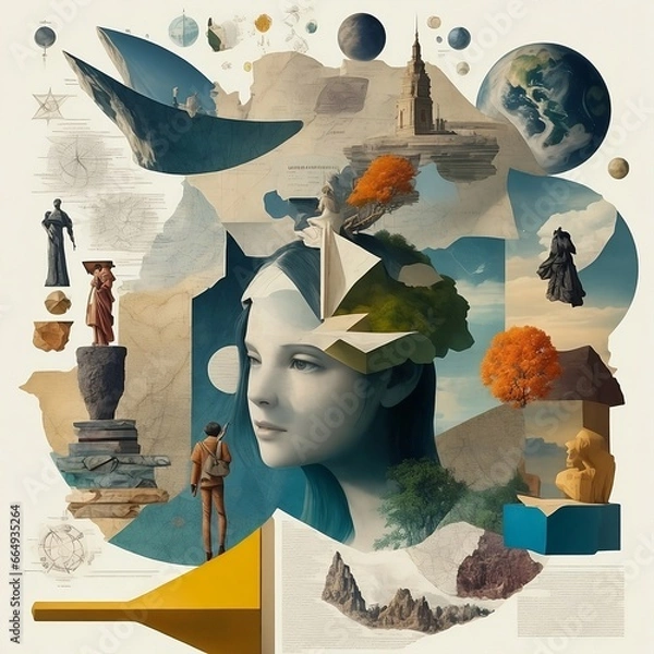 Fototapeta A surreal blend of globe, statue, building, and tree to evoke curiosity.