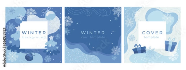 Fototapeta Set of three simple winter backgrounds in blue tones for the Christmas and New Year holidays. Template for greeting cards, covers, banners, mobile apps, flyers, posters