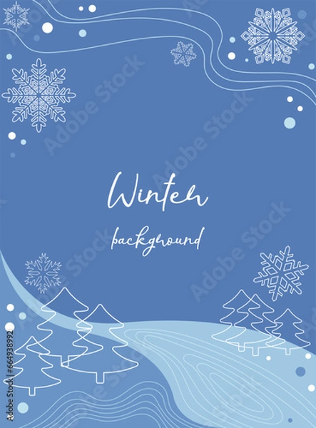 Fototapeta Simple winter background in blue tones with snowflakes, fir trees and abstract elements. Design for posters, banners, greeting cards, covers, mobile apps, flyers