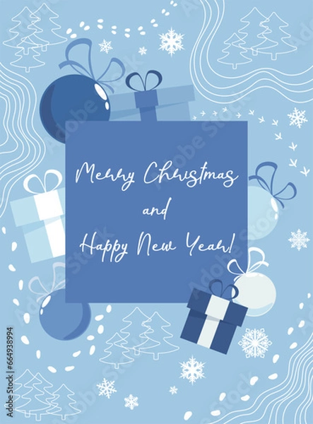 Fototapeta Background with congratulations on the Christmas and New Year holidays in blue tones. Template for greeting card, banner, cover, simple design with abstract elements