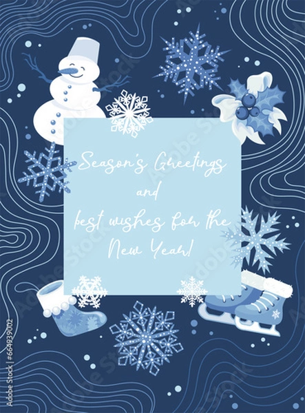 Fototapeta Christmas and New Year greeting card template in blue tones on a dark background with traditional holiday symbols. Design for greeting card, banner, cover with abstract elements