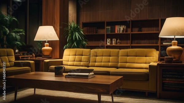 Fototapeta Retro Living Room from the 1960s or 1970s with Yellow Sofa, Book Shelf, Coffee Table & House Plants - Symbolizing Cozy Times.