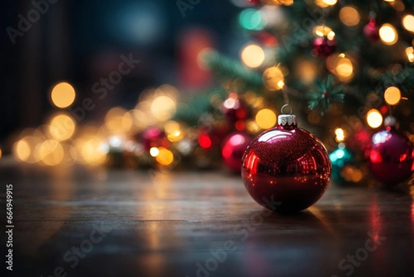 Fototapeta christmas tree decoration on wood with lights and blurred bokeh background