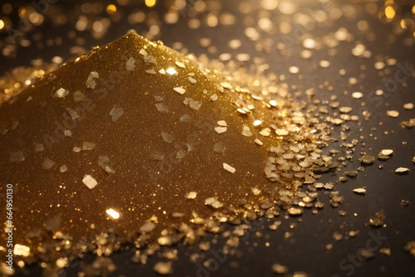 Fototapeta Gold dust flakes pile sprinkled on a black dark background with copy space bokeh