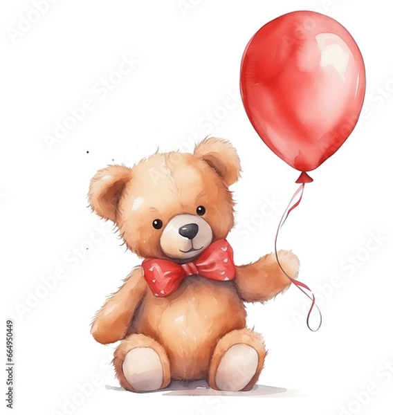 Fototapeta Watercolor cute bear with red shiny balloon isolated on transparent background.