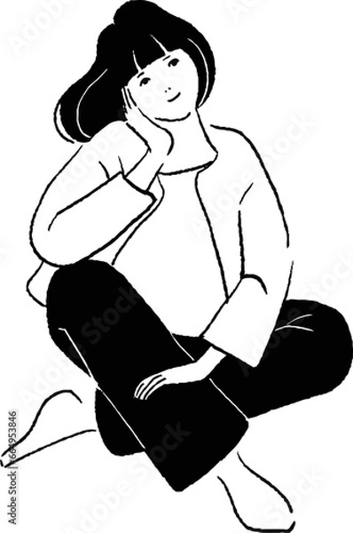 Fototapeta 胡坐をかいている女性の線画ベクターイラスト