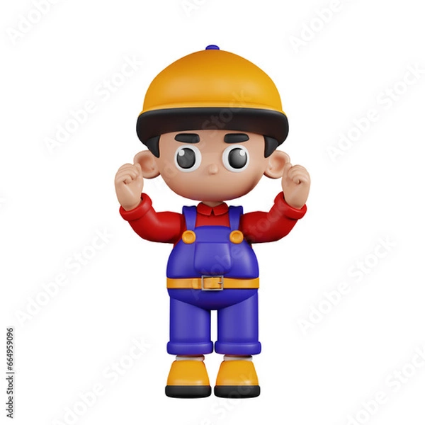 Fototapeta 3d Character Mechanic Excited Pose. 3d render isolated on transparent backdrop.