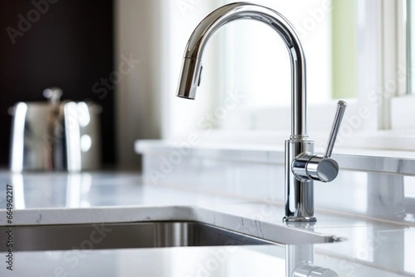 Fototapeta newly installed sleek, shiny kitchen faucet on a sink