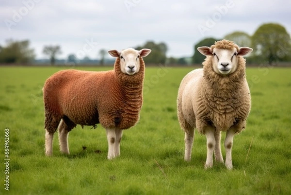 Fototapeta two different breeds of sheep grazing peacefully in the same field