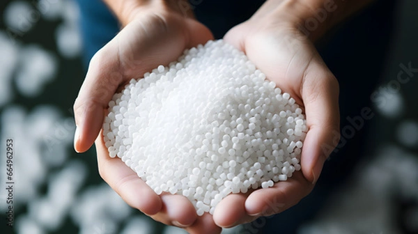 Fototapeta White plastic grain, plastic polymer granules,hand hold Polymer pellets, Raw materials for making water pipes, Plastics from petrochemicals and compound extrusion, resin from plant polyethylene