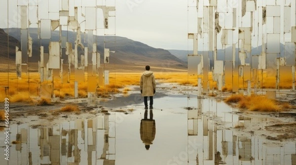 Fototapeta A lone figure, drenched in the reflection of towering mountains, stands amidst the vastness of the open sky, his feet planted firmly in a rippling puddle, a symbol of fluidity and wildness of nature