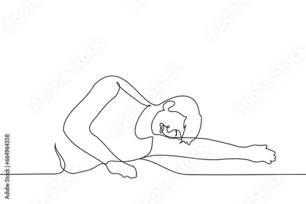 Fototapeta man lying on the floor or ground with a grimace of pain or crying - one line art vector. concept of being upset, hysterical on the floor