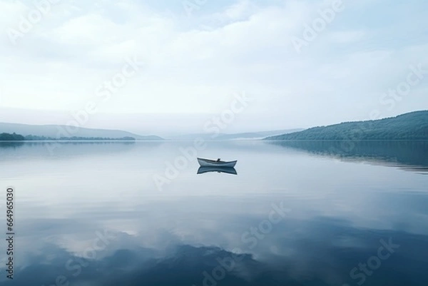 Fototapeta a small rowing boat drifting in the middle of a quiet lake
