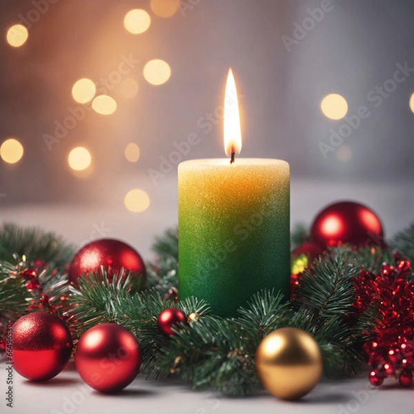 Fototapeta Christmas illustration with burning candle, Christmas tree branches, red and golden balls and other decorations. Generative AI