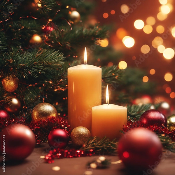 Fototapeta Christmas illustration with two burning candles, Christmas tree branches, red and golden balls and other decorations. Generative AI