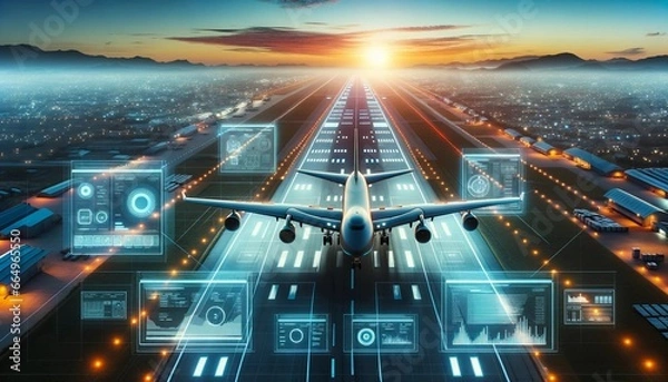 Obraz Airplane on runway - logistics data - blue, red sunset