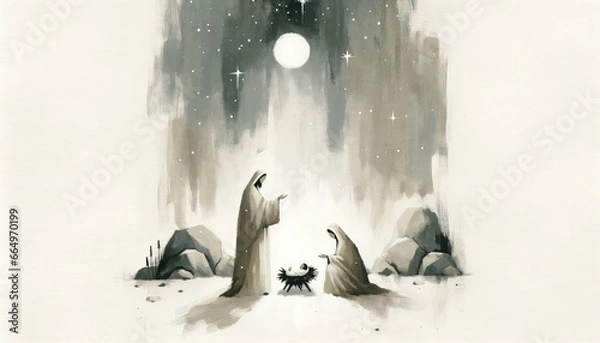 Fototapeta Nativity Scene with Mary and Joseph in the night sky