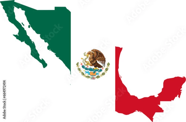 Fototapeta A contour map of Mexico. Graphic illustration on a white background with the national flag superimposed on the country's borders