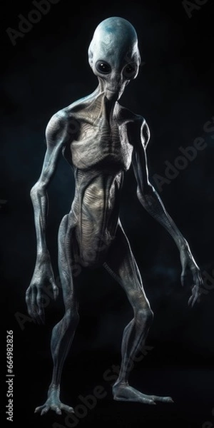 Fototapeta Full body view of scary gray alien with black large glass eyes, isolated on black background. UFO futuristic concept, aliens.