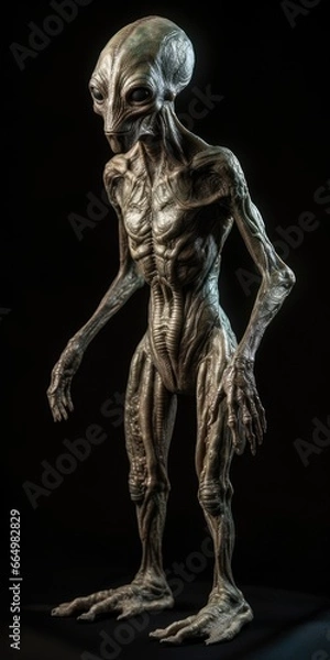 Fototapeta Full body view of scary gray alien with black large glass eyes, isolated on black background. UFO futuristic concept, aliens.