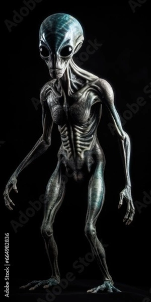 Fototapeta Full body view of scary gray alien with black large glass eyes, isolated on black background. UFO futuristic concept, aliens.
