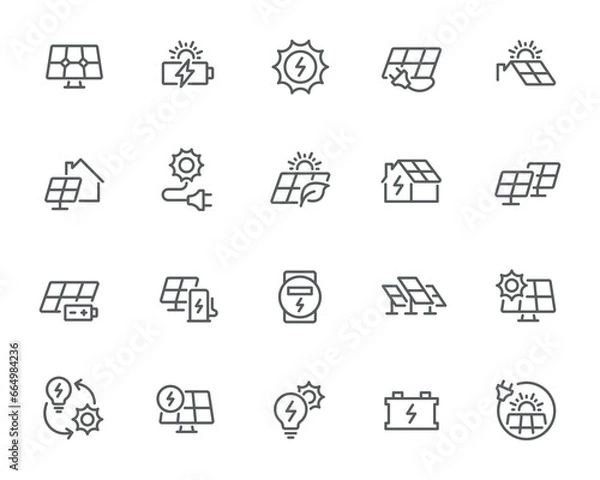 Fototapeta Exclusive Solar Panel Icons for Green Energy, Including Solar Power Plants, Homes with Solar Panels, Charging Stations, Green Electricity. Ready to Use in Your Project