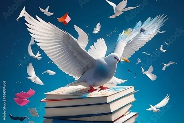 Fototapeta A White Dove Soaring over a Stack of Books with Birds and Paper Planes in the Sky.