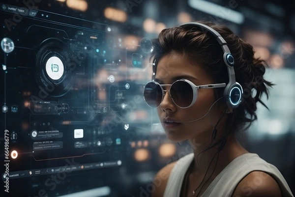 Fototapeta A persona wearing a black headset, analyzing complex graphs and charts on a blue and white computer screen