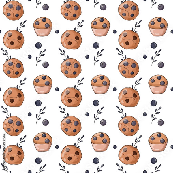 Fototapeta Cute seamless pattern with blueberry cupcakes. 